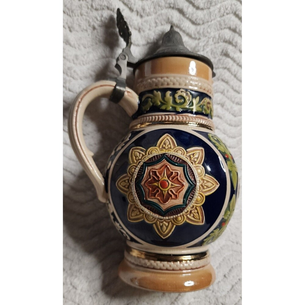 Pretty Vintage GERZ Ceramic Beer STEIN Rare Pattern GERMANY OrnatePewter Lid 10"